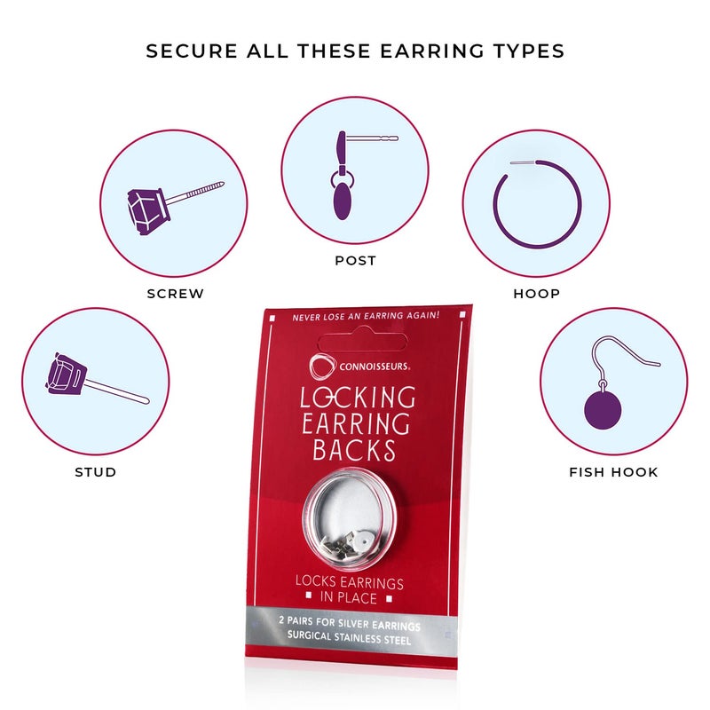 Connoisseurs Locking Earring Backs - 2 Pairs - Compatible with Most Silver Earrings - Fits 0.5-1mm Diameter Posts - Hypoallergenic - Image 5